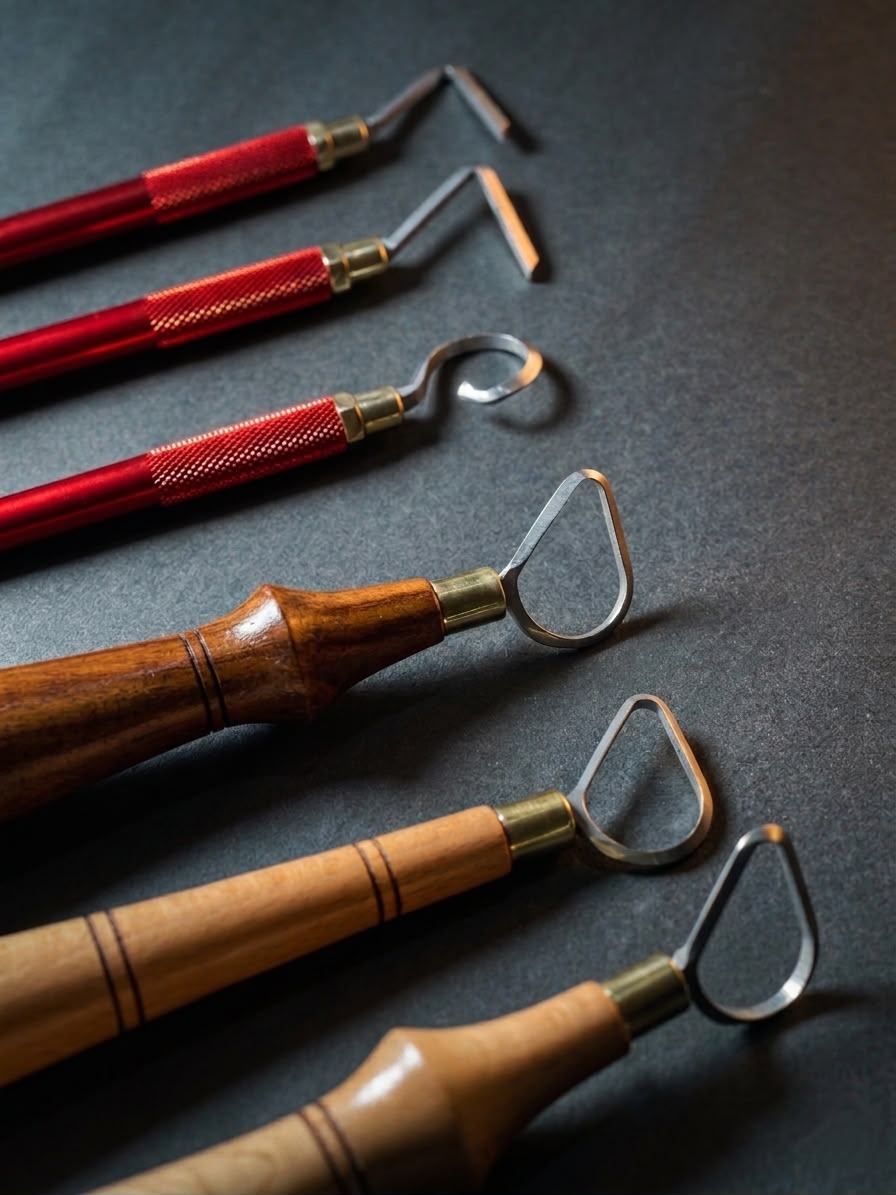 Hand-forged woodworking chisels arranged on a workshop bench
